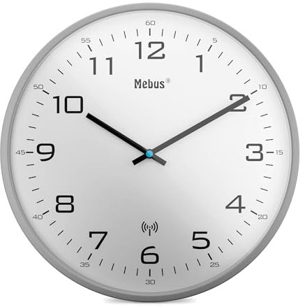 Mebus Funk-Wanduhr, 30 cm, lautlos, Grauer Rahmen, weißes Zifferblatt, Modell 13081 - Modern und geräuschlos, Grau