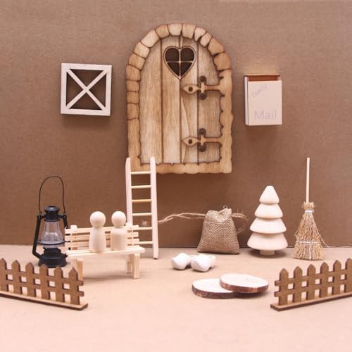 TCXWHSSM Wichteltür Set, Weihnachten Miniatur Holz Set, Wichteltür Zubehör Weihnachten, DIY Geschenk für Kinder, Holz Wichtel Tür, mit Miniatur Briefkästen, Zäun, Leiter, Feentür Set