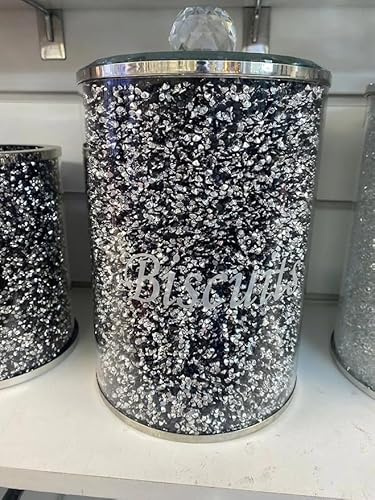 JAYOGLA Barattolo di latta per biscotti con diamanti schiacciati, da cucina, con finiture argentate e cristalli riempiti di cristalli, 22 cm, nero
