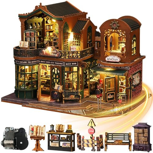 Mostop DIY Miniature Dollhouse Kit, Wooden Dollhouse Kit Miniature House Kit with LED Light and Movements,Creative Room Idea for Kids/Adults Magic House DIY Kits (Twilight BOOK City)