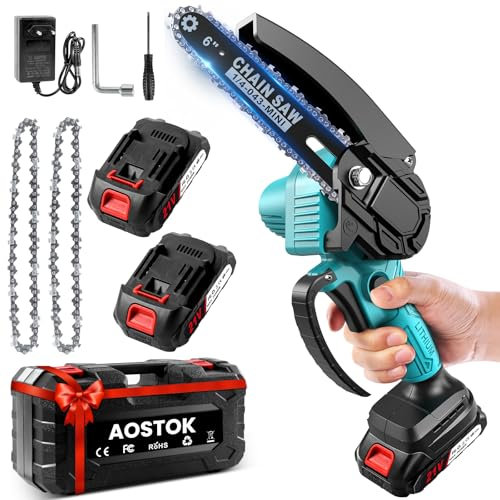 Mini Chainsaw Cordless 6 Inch with 2 Batteries and 2 Chains, Small Battery Chain Saw Electric with Safety Lock and Brushless Motor for Trimming Branches