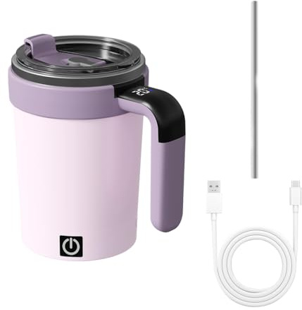 MiOYOOW Selbstrührender Kaffeebecher, Magnetischer Automatische Mischen Kaffeetasse mit Deckel und Strohhalm, Temperaturanzeige, 380ml Reise Kaffeebecher für Zuhause, Auf Reisen und Im Büro