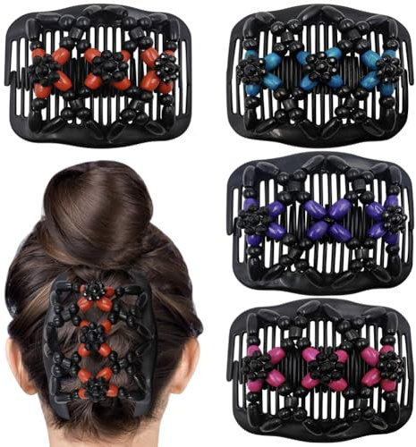 Umibow 4 Stück Dehnbare Magische Haarkämme für Damen Doppelkamm Haarspange Elastische Holzperlen Haarknotenmacher Magische Haar-Seitenkämme für Lockiges Dickes Welliges Haar