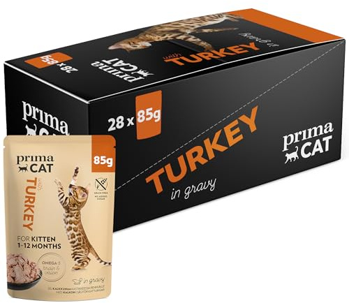 PrimaCat – klassiskt våtfoder för kattungar, smaker kalkon i steksås, 28-pack med 85 g vardera