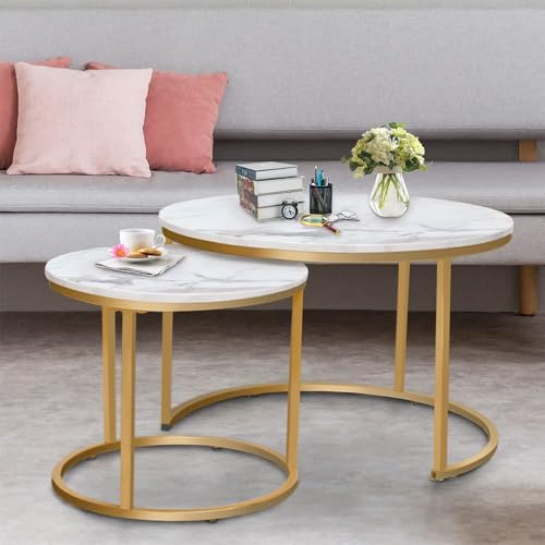 Garden 4 you Round Nesting Coffee Table Set of 2 for Living Room,Marble Center Tea Nest of Table with Metal Frame,End Side table for Small Space/Living Room/Bedroom, White Gold, 60 x 60 x 50.5cm