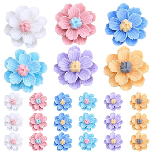 24Pcs Flower Cupcake Toppers, Colourful Resin Flower Shape for Children's Birthday, Theme Party, Wedding Decorations
