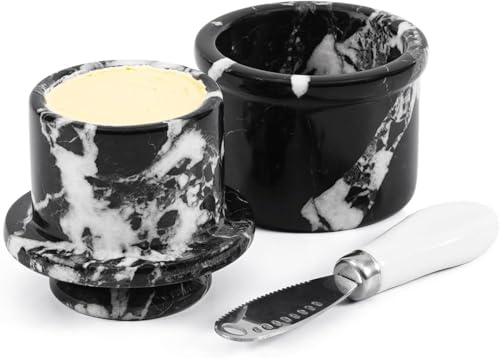 EarthenTones Beurrier en marbre avec couvercle et couteau, beurrier français et petit plat pour beurre à tartiner, décoration de cuisine élégante et accessoire de table fait main (noir zébré, 8,1 cm)