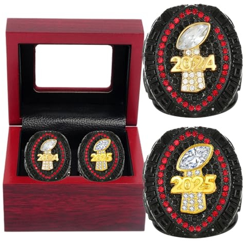 HYKJSHED 2024-2025 Fantasy Football Ring 2 Stück rote Meisterschaftsringe Geschenkbox Ring Display Box