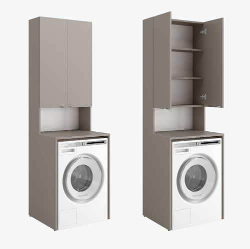 PLATAN ROOM Waschmaschinenschrank Badezimmer Hochschrank Überbauschrank für Waschmaschine und Wäschetrockner 210 x 66 x 50/56 cm weiß (Lehm (grau), 56 cm tief)