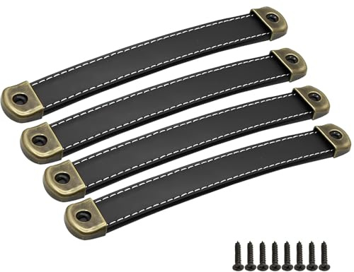 Jsleid 4 Stück Ledergriffe für Möbel, Leder Schrankgriffe (schwarz) | Vintage Möbelgriffe Ledergriff Schrankgriffe, für Küchenschränke, Kleiderschrank, Koffer (Bohrlochabstand: 160 mm）