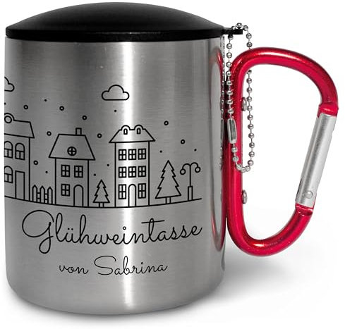 True Statements Personalisierte Glühweintasse Edelstahl mit Karabinergriff - Becher für Weihnachtsmarkt mit Namen – Geschenkidee Kollegen Freunde Familie - ca. 300 ml - Griff Rot, mit Deckel