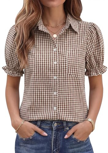 LOMON Checkered Linen Shirts for Women Puff Sleeve Button Down Summer Casual Plaid Blouses Collared Tops