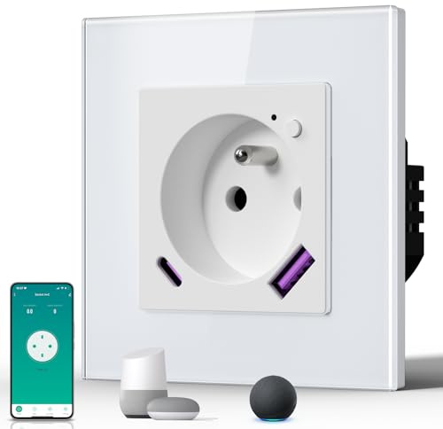 BSEED Prise Connectée WiFi, Prise Programmable Electrique avec PD 20W USB/TYPE C, Fonction de surveillance énergétique, Compatible avec Alexa/Google Home/Tuya APP, 86mm, Blanc