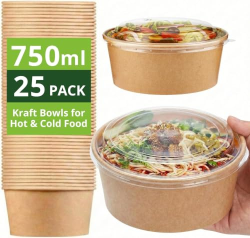 Ask Packaging 25 x 750ml Kraft Salad Paper Bowls with Lids – Takeaway Containers for Hot & Cold Food – Leak-Resistant Soup Bowls – Disposable Food Containers for Restaurants & Meal Prep