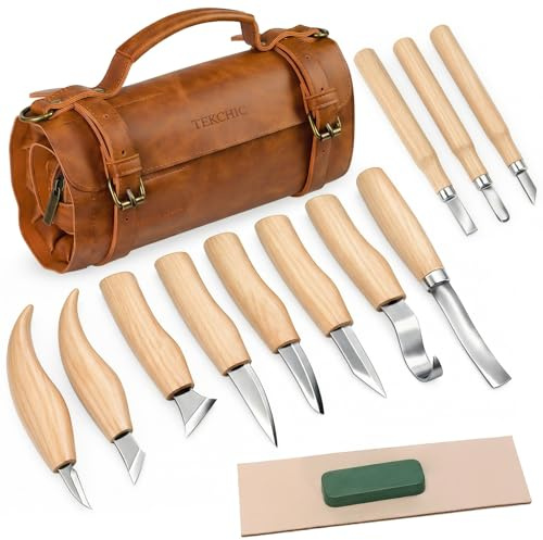 Tekchic Set di 14 Coltelli per Intaglio del Legno con Astuccio in PU, Kit di Attrezzi Professionale per Intaglio, Adatto per Principianti, Adulti e Appassionati di Artigianato del Legno
