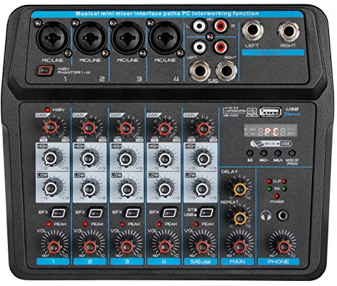 Bluetooth Audio Mixer with USB Sound Card, DJ Mixing Console with 48V Phantom Power, Reverb Effects, USB Playback & Recording for PC, Microphone & Instruments