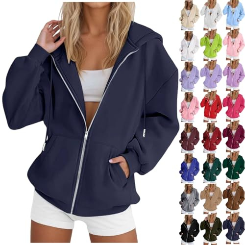 Sweat Zippé Femme à Capuche Veste Casual Manches Longues Chic Élégant Sweatshirt Oversize Rétro Grande Taille Cardigan Veste Sport avec Poche Couleur Unie Outerwear Hoodies d'automne Y2k Streetwear