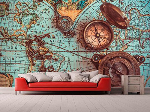 Oedim Fotomural Vinilo para Pared Mapa y Brujulas | Fotomural para Paredes | Mural | Vinilo Decorativo | Varias Medidas 400 x 300 cm | Decoración comedores, Salones, Habitaciones...
