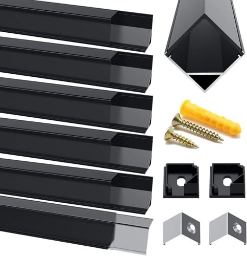 Chesbung LED Aluminium Profil Schwarz for LED Streifen, 6X1m Leisten Profil V Form Kanal Eckprofil Diffusor Leiste Alu Profile mit Endkappen, Metall Befestigungs Clips