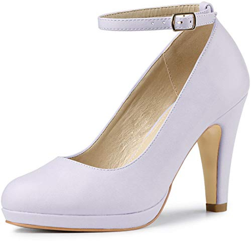 Allegra K Women Low Platform Round Toe Stiletto Heels Ankle Strap Pumps | Pumps With Closed Toe, 3 7/8 inches Heel, Comfortable Heel Pump, Summer Dress Shoes for Party Office