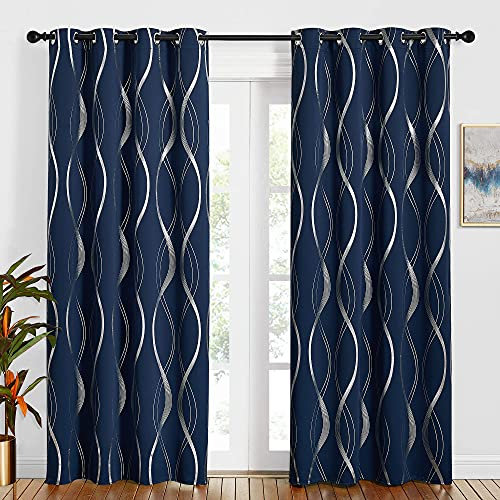 PONY DANCE Blackout Navy Curtains - 52 x 84 Inch, Eyelet Curtains for Bedroom & Living Room, Thermal Insulated Silver Wave Line Foil Printed Window Blackout Curtains, 2 Panels
