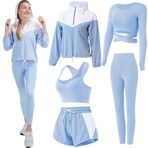 Inmarces 5 Stück Sport Set Damen Sportbekleidung Yoga Set Trainingsanzug Jogging Gym Pilates Sport Outfit Damen Set(BL01,M)