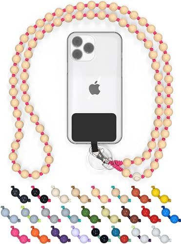 BEARFOOT Holzperlen Handykette universal 135 cm, handgefertigt (Pink Beach) | Schlüsselband zum Umhängen, kompatibel mit allen Smartphones, iPhone & Samsung, als Kette oder Necklace