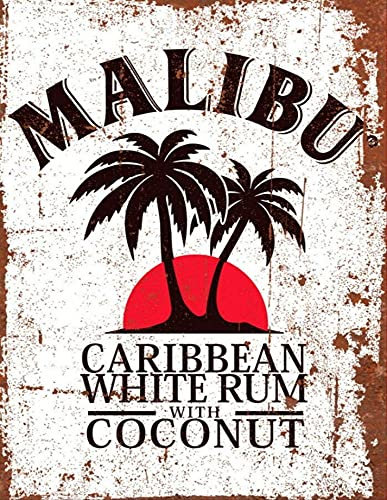 BIGBAZZA Placa de metal vintage publicitaria para pared, 20 x 15 cm, para bar, cueva de hombre, hogar, dormitorio, oficina, cocina, regalo, retro, blanco, ron, Malibú, playa, cóctel, coco, bebida