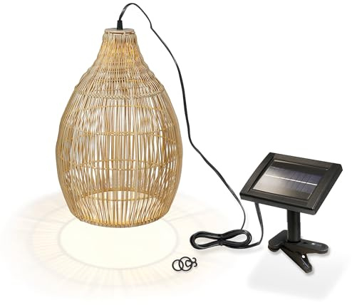 Esotec Solar Hängeleuchte Garten Kairo, Hängelampe Boho Polyrattan 102239 | Solarlampe, Polyrattan, 2800K warmweiß, 45lm, Ø29x42cm, 5m Zuleitung, bis 10Std Leuchtdauer, Akkus wechselbar, Terrassenlicht