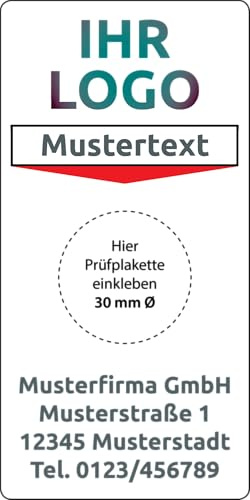 Grundplaketten mit Logo und Wunschtext, 56 Stück, 90 x 45 mm, Vinylfolie, selbstklebend, Individuelle Wartungsaufkleber mit Firmeneindruck