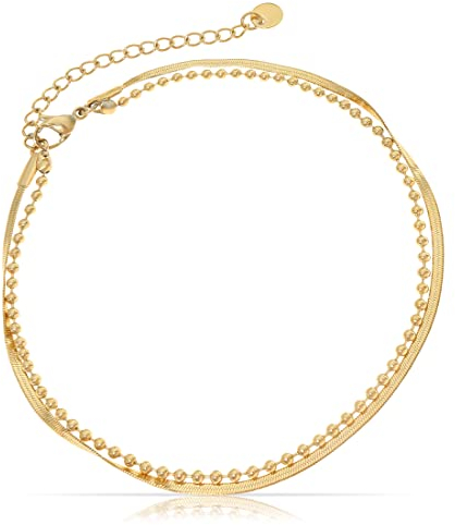 Made by Nami Edelstahl Damen Fußkettchen mit starkem Karabiner-Verschluss - im angesagten Schlangen-Design - Frauen Fußkette Gold oder Silber - Mädchen Fußschmuck - Geschenk für Sie (Gold Perlen)