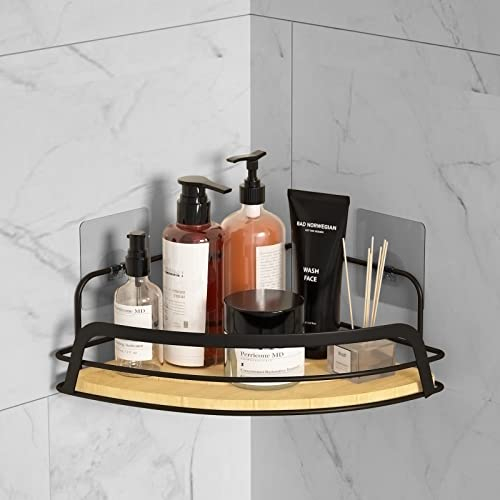Bestdon Duschablage Ecke ohne bohren, Duschregal Schwarz Selbstklebend Bambus Eckregal, Duschkorb Badregal Edelstahl Shampoo Halterung für Badezimmer Küche, Rostfreier