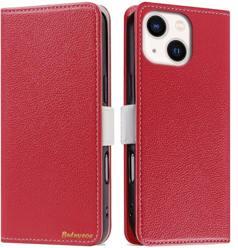 Butnyeoe Handyhülle für iPhone 14 Klappbar Hülle,Litschi Textur Leder Wallet Schutzhülle Tasche Flip Cover Case,Magnetic Closure Klapphülle mit Kartenfach Standfunktion,Rot