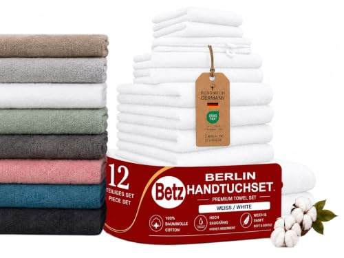 Betz Lot de 12 pièces Berlin 100% Coton 2 Draps de Bain 4 Serviettes de Toilette 2 d'invité 2 lavettes 2 Gants de Toilette Couleur Blanc - Berlin