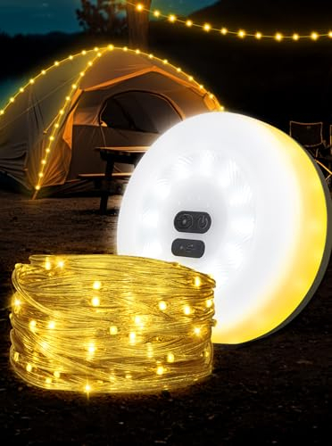 LED Lichterkette Lichterketten Innen Außen Wetterfest Tragbare Verstaubare,Alpenwolken Outdoor Lichterkette Kinderzimmer USB Wiederaufladbar,10m Camping Lichterkette Aufrollbar (Gelb)