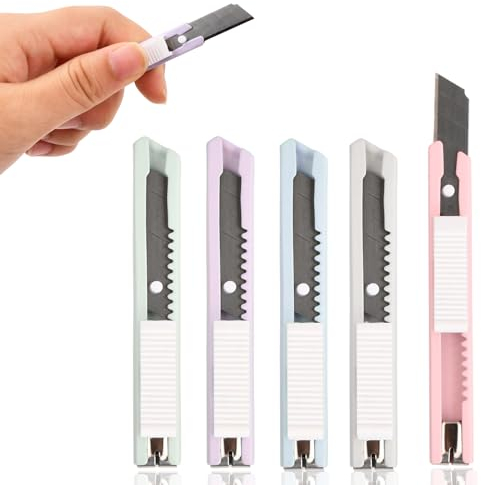 Lot de 5 coltello retrattile,Taglierino Retrattile,Coltello Multiuso Retrattile,Box Cutter,coltello multiuso,taglierini carini,Ideale per Tagliare Carta, Cartone,Buste, Carta