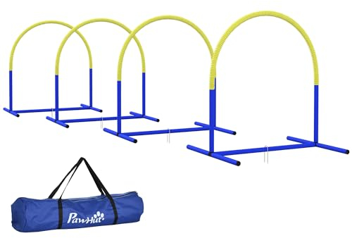 PawHut Hunde-Agility-Trainingsgeräte, Hund Agility Set, 4-teilges Agilityset für ältere Hunde, Hundetrainigsset mit Tragetasche, Blau+Gelb, 88 x 64 x 95 cm