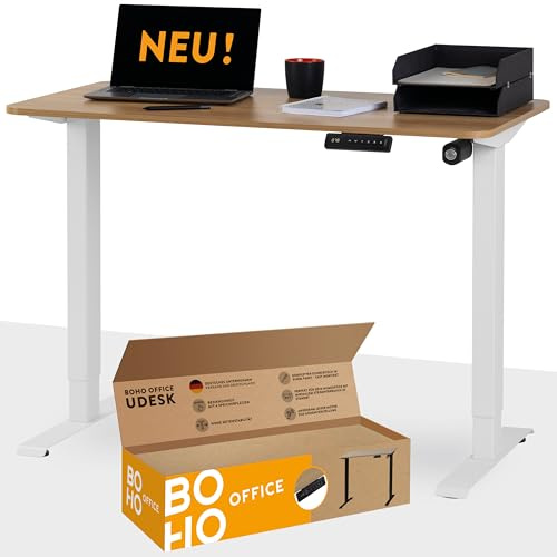 boho office® Elektrisch höhenverstellbarer Schreibtisch - 4 Speicherplätze und FSC-zertifizierter Tischplatte mit abgerundeten Ecken, UDESK Eiche/Weiß