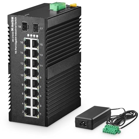 MokerLink 16 Port Gigabit Industrial DIN-Rail Ethernet Switch, 2 Gigabit SFP Ports, Unmanaged IP40 Network Switch (-40 à 185°F), avec Alimentation électrique