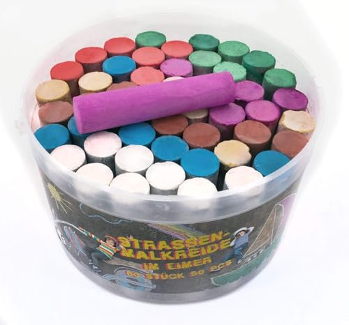 TerCasa 998703 Strassenmalkreiden 50er-Set, Kreide im Eimer mit Deckel und Henkel, 50 Farbige Malkreiden für Strassen mit Pflastersteinen oder Asphalt, Bunte Strassenkreiden für Kinder ab 3 Jahren