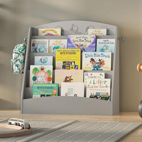 Kinder Bücherregal mit 5 offenen Fächern und Haken, 80x30x75cm (Grau) | Kinderregal Holz, Montessori Aufbewahrungsregal für Kinderzimmer