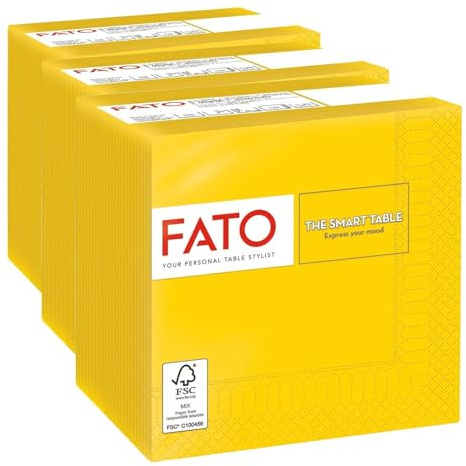 Fato, Einwegpapierservietten, Ideal für Aperitifs und Cocktails, Packung mit 100 Servietten, Größe 24x24, 4-fach, 2-lagig, Farbe Gelb, 100% reines Zellulosepapier, FSC-zertifiziert (Packung mit 3)