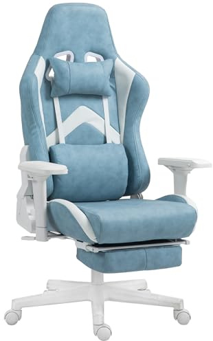HOMCOM Gamingstuhl mit Liegefunktion, höhenverstellbar Schreibtischstuhl mit Kopf- und Lendenkissen, ergonomisch Gaming Sessel mit ausziehbare Fußstütze, Kunstleder, bis 120 kg, Blau