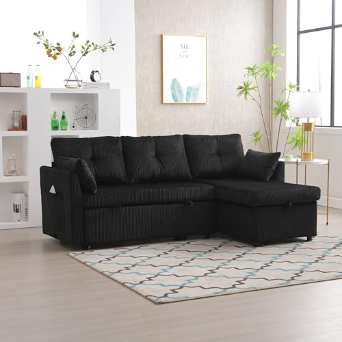 KAZZIO Multifunktionales Schlafsofa mit Stauraum und Ausziehbett, auswechselbares Schlafsofa mit Chaiselongue, Anbausofa mit Stauraumsitzen, modulares L-Sofa (Schwarz)