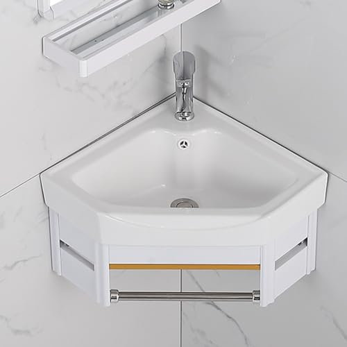 HOLGVE Lavabo d'angle, Lavabo de Salle de Bain Mural D'angle En Céramique, Meuble-lavabo de Salle de Bain D'angle Mural, Lavabo de Salle de Bain a Monter, Lavabo de Salle de Bain Avec Porte-serviettes