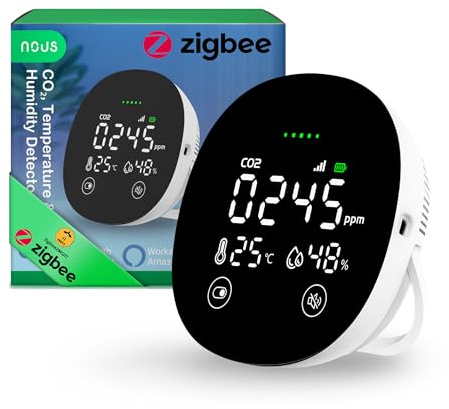 Nous E10 ZigBee CO2 Detector with Temperature & Humidity Sensor, Smart Air Quality Monitor, LED Display, App Alarm, Real-time Monitoring, Zigbee 3.0, Compatible with Alexa & Tuya