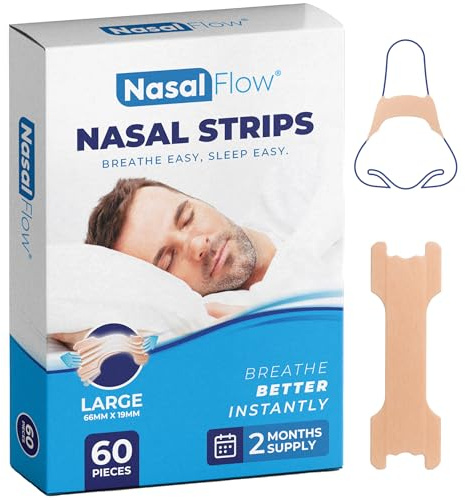 Nasal Strips Large 60 Pack | Nose Strips for Breathing, Snoring & Better Sleep | Instantly Relieves Congestion, Drug-Free, and Strong Hold for Men & Women by NasalFlow