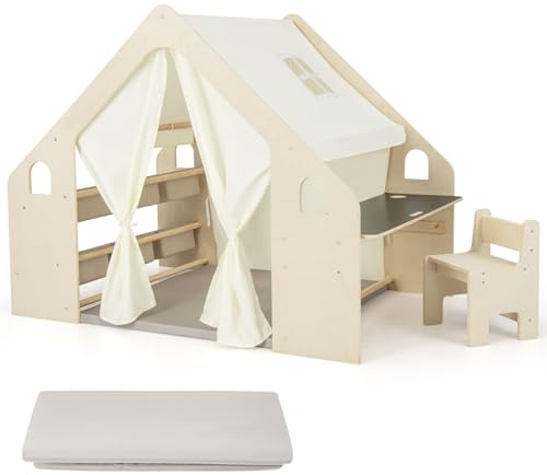 Kids Play Tent, Kids Table and Chair Set with Blackboard Tabletop, Storage Bin, Door Curtain, Wooden Playhouse for Boys Girls 3-6 Years Old (Large)