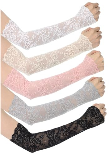 5 Pairs Women Lace Arm Sleeves Fingerless Arm Sleeve Floral Hollow Arms Cover Warmer Elbow Length Lace Sleeves to Cover Arms for Women