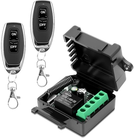 Funk Fernbedienung Schalter 220V 230V Relais Empfänger mit 2 Sender Schlüsselanhänger, 1 Kanal RF Funksteuerung Potentialfreie Kontakte, Drahtloser Relais Controller für Lampen, Türen, Garagentore